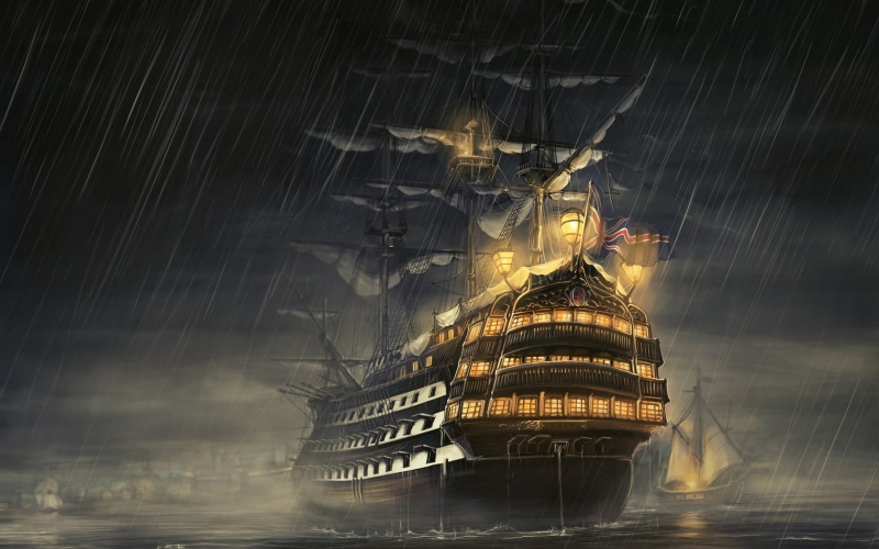 light, travel, raining, sailboat, illuminated, water, built structure, vacations, motion, architecture, rain, transportation, ship, night, sea, blue, sailing