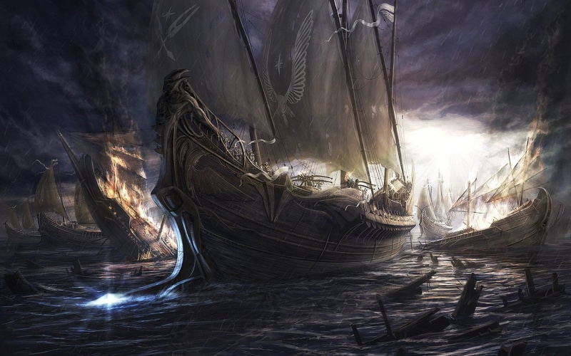 no people, sailing ship, outdoors, ship, sky, sunlight, smoke - physical structure, environment, fantasy art, lens flare, 720P, close-up, water, pirate