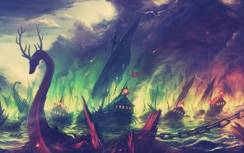 ship, outdoors, tree, backgrounds, colorful, painted Image, sky, tranquility, beauty in nature, boat, mountains, green color, Blackwater, battle, cloud - sky