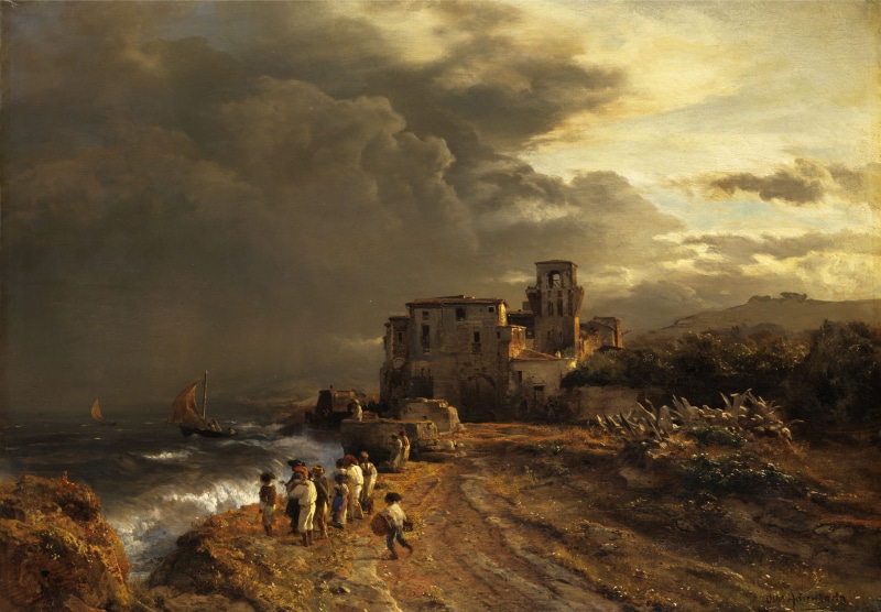 storm, history, sea, country, trees, ancient, old ruin, oswald achenbach, artistic, 5K, building, day, incidental people, old, group of people, outside