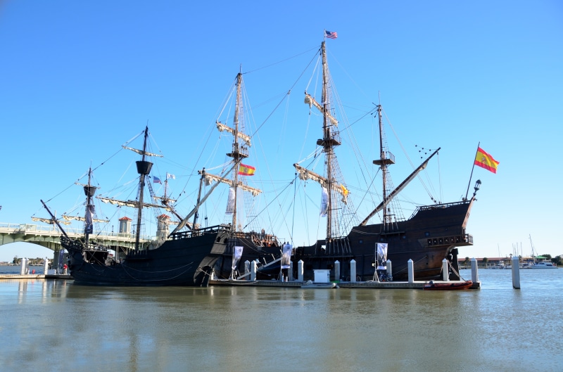 cannon, naval, sky, flag, travel, nautical vessel, st, historical, moored, sails, florida, nautical, augustine, St, vintage, water, outdoors, frigate, maritime