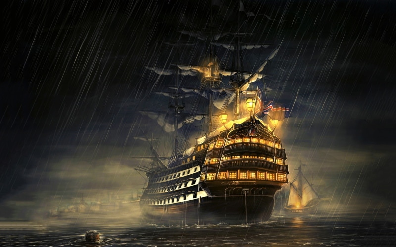 Royal Navy, sea, 2K, Manowar, water, ship, artwork, rain, sailing ship, navy