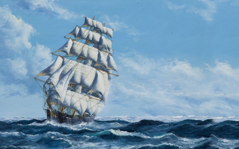 sailing ship, water, 2K, clouds, waves, sea, sky, painting