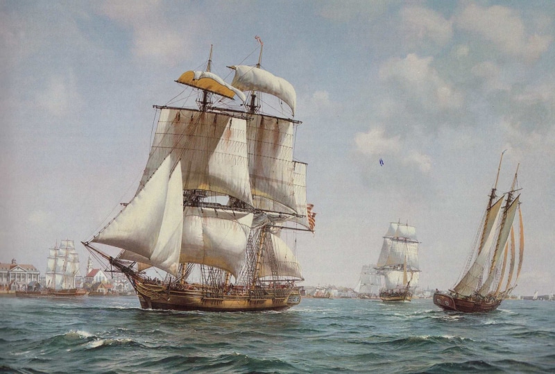 oil, 1080P, bird, sloops, buildings, painting, transportation, galleon, animal themes, sky, day, outdoors, cloud - sky, the sky, boats, water, nautical vessel