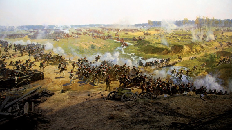 nature, French, war, The battle of Borodino, day, high angle view, fragment, field, outdoors, Patriotic war, land, stream, the battle, panoramas, tree