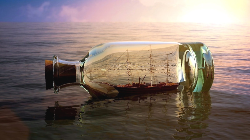 world in bottle, sailor, horizon, mast, sailing ship, ship, bottle world, sea, schooner, water, fantasy art, 1080P, sky, ocean, glass bottle, bottle