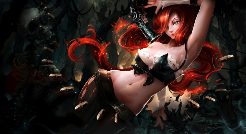 black color, women, 1080P, gun, redhead, human representation, long hair, real people, red, green eyes, Miss Fortune (League of Legends), clothing, open shirt