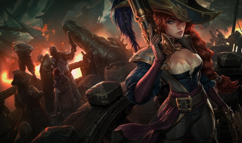 pirates, Miss Fortune, Cannons, 1080P, Sailing Ship, women, Naval Battles, redhead, BIlgewater, corset, League Of Legends