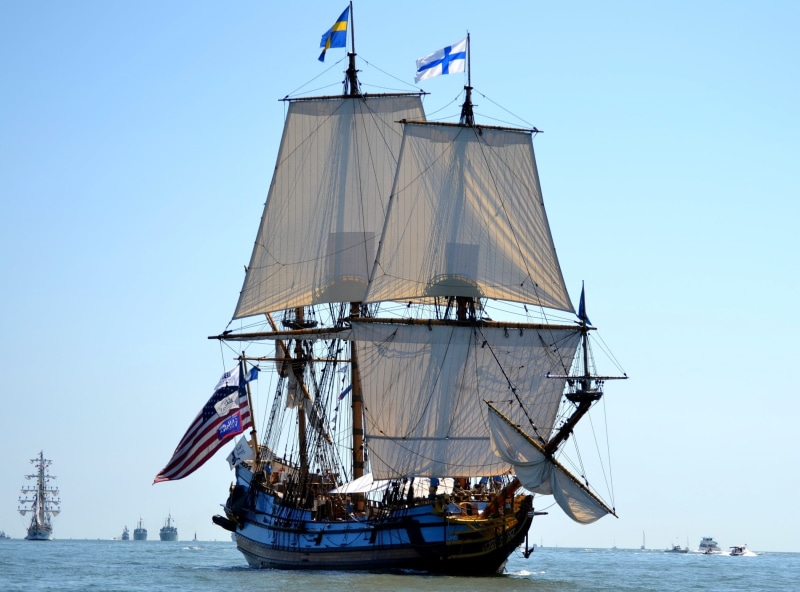 sky, sea, ship, 2K, brown, waterfront, nature, architecture, pole, day, sailing ship, no people, clear sky, vehicle, mast, sailboat, nautical vessel, flag