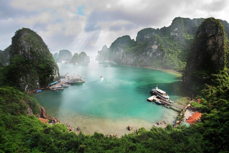 cloud - sky, beauty in nature, dock, tranquility, nautical vessel, water, Vietnam, high angle view, rock, transportation, island, landscape, photography