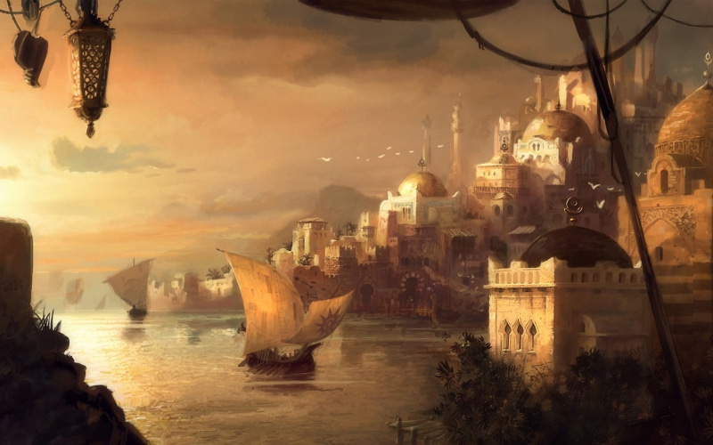sea, ship, ports, city, sailing ship, fantasy art, 720P, fantasy city