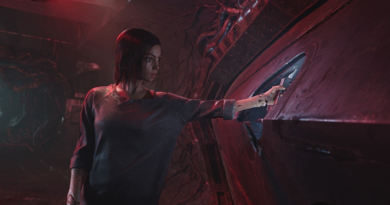 adult, women, long hair, cyberpunk, movies, actress, casual clothing, three quarter length, architecture, night, Alita, one person, bokeh, illuminated