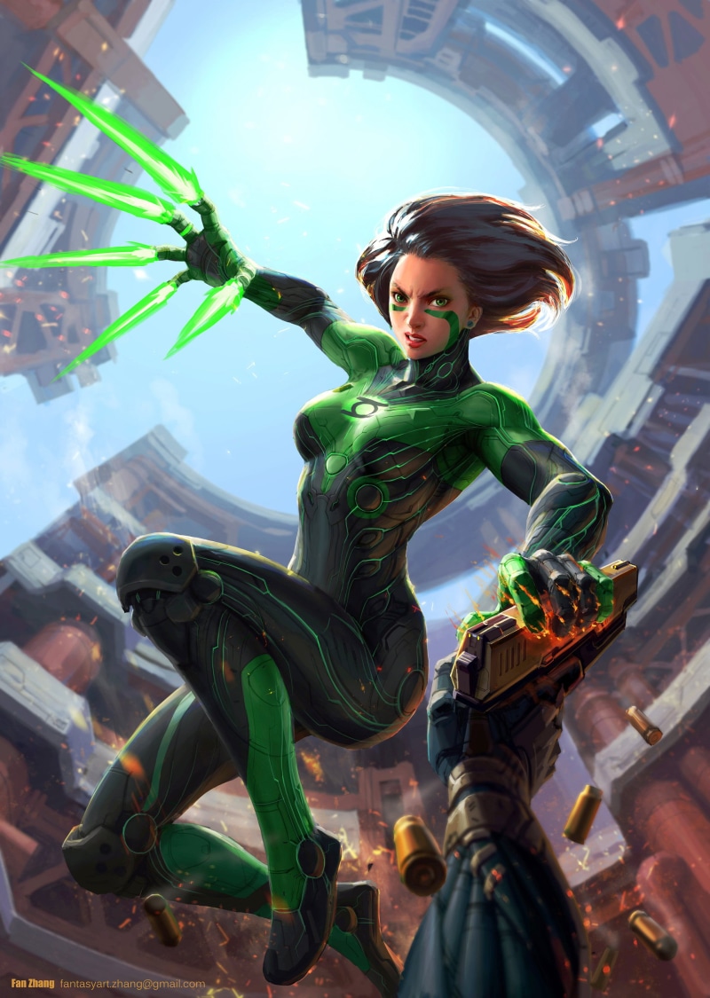 Alita, vertical, Battle Angel Alita, gun, artwork, 2K, Alita: Battle Angel, cyberpunk, crossover, Green Lantern, digital art, POV