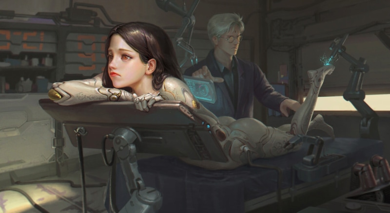 Alita: Battle Angel, Alita, GUNNM, digital art, science fiction, 1080P, cyborg, table, pouting, laser, women