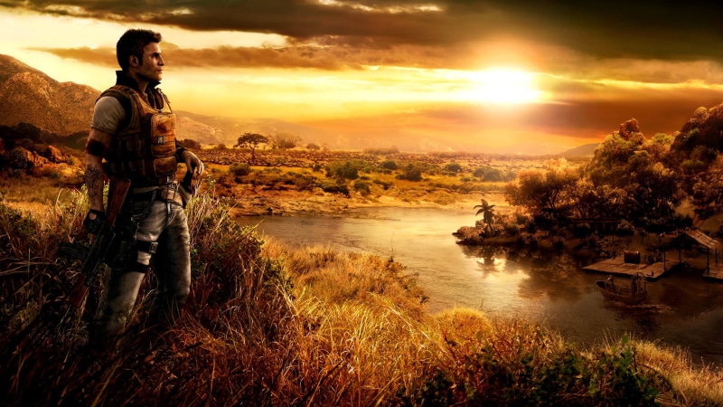landscape, full length, cloud - sky, beauty in nature, one person, gun, lens flare, plant, orange color, standing, sky, Far Cry 2, digital art, sunlight