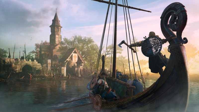 viking, Axe, video game art, video games, digital art, boat, 4K, sea, Assassins Creed: Valhalla, shield