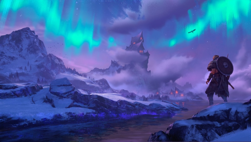 viking, aurorae, Assassins Creed: Valhalla, birds, 4K, video games, digital art, river, Assassins Creed, video game art, norse