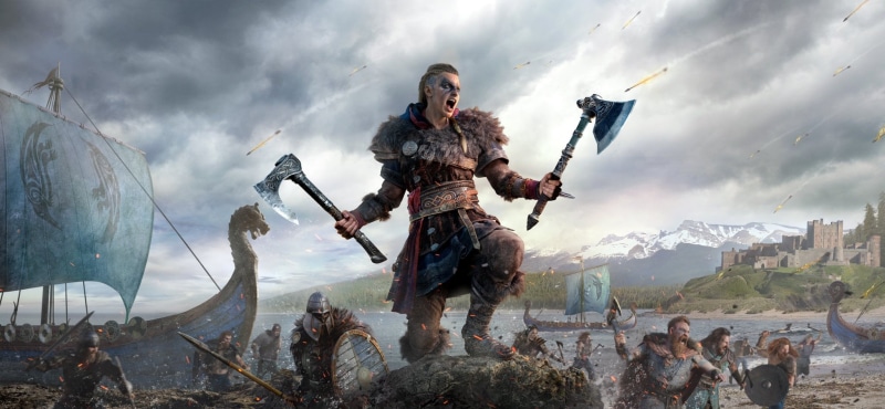 videogame, 1080P, axes, ship, Drakkar, Assassins Creed, Assassins Creed Valhalla, inked, Eivor, Vikings, Ubisoft, RPG, shield