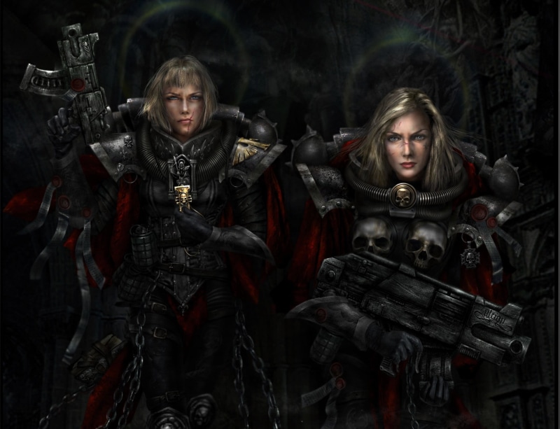 game, adult, young adult, Adept Sororitas, digital composite, dark, soldier, weapons, fantasy, gothic Style, young men, halloween, horror, futuristic, looking at camera