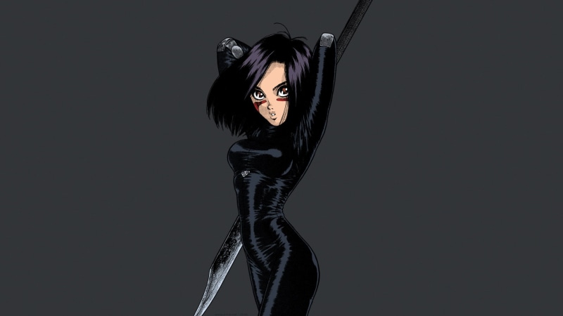 clothing, young adult, hairstyle, anime, make-up, fashion, beauty, veil, women, studio shot, Gally, Alita, black color, black background, glamour, weapon