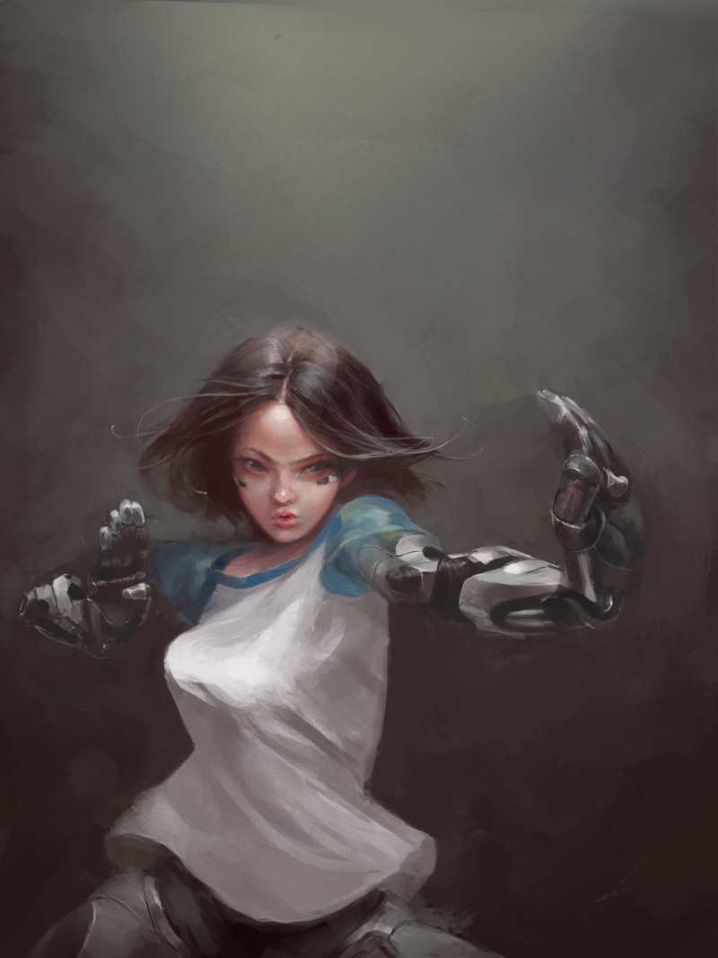 Alita, T-shirt, 2D, 2K, gray background, concept art, Alita: Battle Angel, fan art, digital art, cyberpunk, artwork, anime girls, painting, women, cyborg