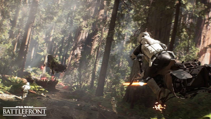 Endor, trees, Star Wars: Battlefront, tree, wars, growth, speeder bike, video games, battlefront, day, outdoors, digital, plant, non-urban scene, tranquility