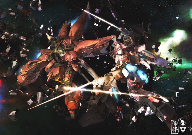 celebration, event, fire, Gundam, illuminated, smoke - physical structure, 720P, positive emotion, Mobile Suit Gundam Unicorn, destruction