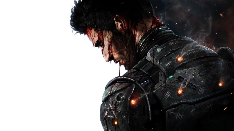 male, studio shot, mid adult, science fiction, soldier, fantasy art, 720P, portrait, holding, facial hair, men, digital, indoors, blood, concept art, leisure activity