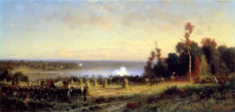 American Civil War, cloud - sky, ball, fog, landscapes, Potomac, morning, war, domestic animals, nature, river, battle, land, Cannons, dawn, animal themes