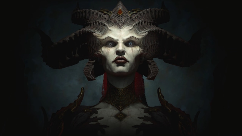 digital art, Lilith (Diablo), looking at viewer, diablo 4, diablo iv, Diablo, 4K, horns, video games, blue eyes, artwork