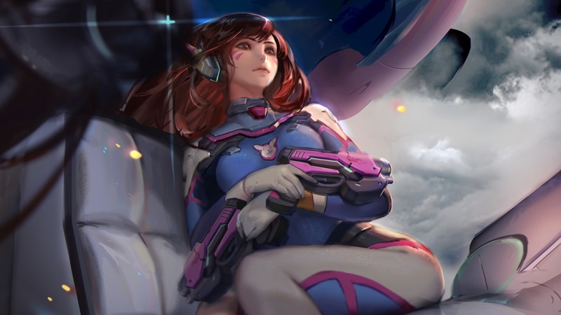 glasses, sunglasses, D.Va (Overwatch), video games, sitting, portrait, outdoors, digital art, lifestyles, adult, 1080P, mode of transportation, one person