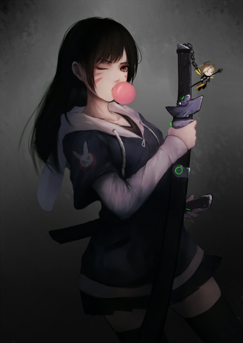 long hair, video games, portrait display, vertical, video game characters, weapon, artwork, fan art, bubblegum, MX shimmer, katana, jacket, D.Va (Overwatch)