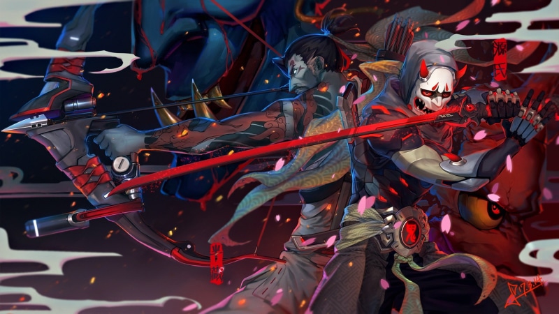 Overwatch, video games, Genji (Overwatch), digital art, Oni Genji (Overwatch), Hanzo (Overwatch), 1080P, bow, skin, katana