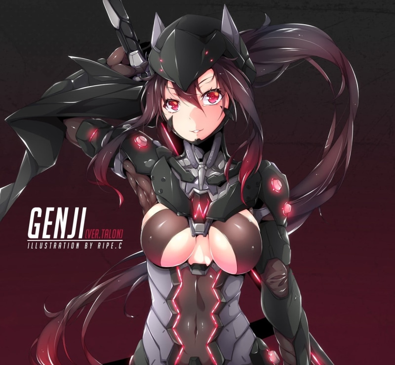 human representation, female, anime, Genji (Overwatch), front view, three quarter length, armor, close-up, sword, still life, red, Genji Shimada, representation