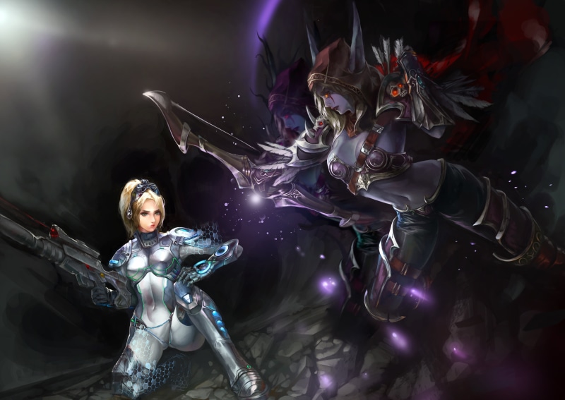 night, no people, alien, fantasy, female likeness, science, indoors, imagination, weapon, illuminated, Sylvanas, creativity, male likeness, illustration