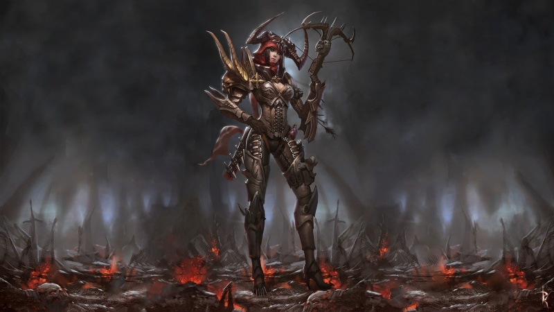 autumn, burning, woman, smoke - Physical Structure, horror, inferno, Diablo III, 1080P, Demon Hunter, fire - Natural Phenomenon, standing, backgrounds