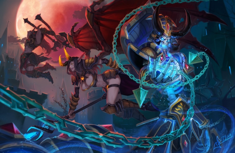 Warcraft, heroes of the storm, Red moon, KelThuzad, Sonya (HotS), weapon, Blizzard Entertainment, Jaina Proudmoore, video games, 1080P