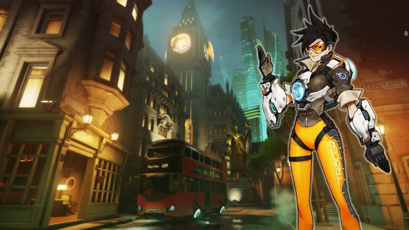 video games, low angle view, Overwatch, Lena Oxton, action, green, Blizzard Entertainment, illuminated, no people, Tracer (Overwatch), art and craft, city life