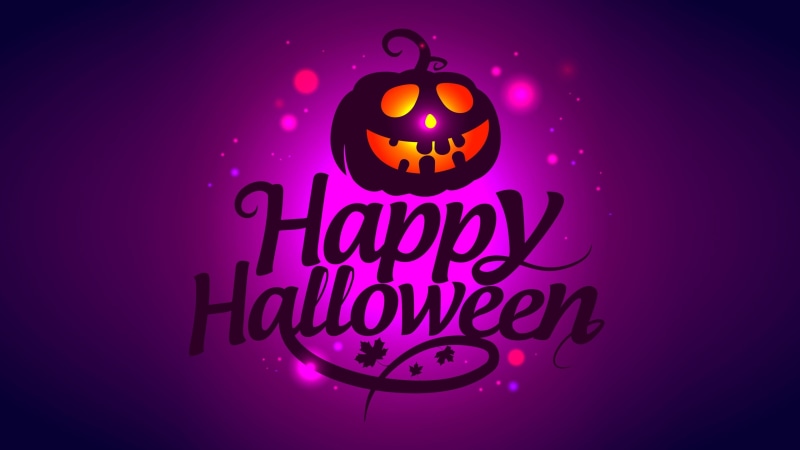 happy halloween, text, holiday - event, celebration, christmas ornament, pumpkin, decoration, halloween, studio shot, event, purple, colored background