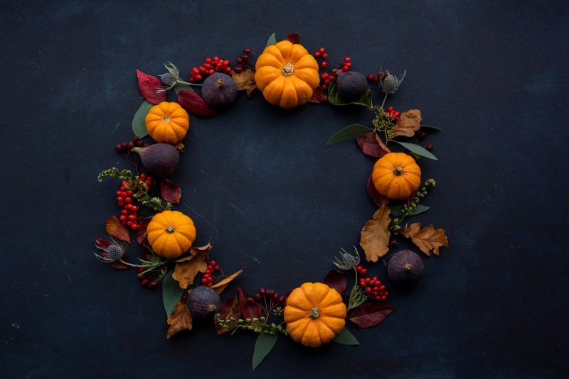 pumpkin, fall, nature, table, plant, yellow, mood, surface, flatlay, themed, rustic, holiday, wreath, frame, october, backgrounds, thanksgiving