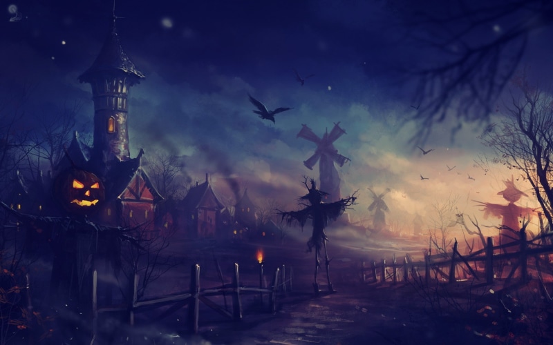 windmill, haryarti, crow, Halloween, fantasy art, 1080P, scarecrows, Jack O Lantern, pumpkin