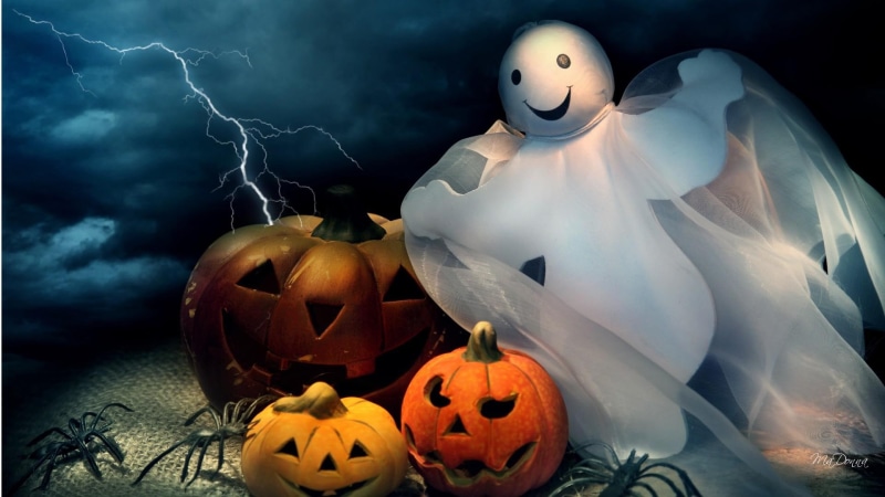 poster, whimsical, themed, spiders, ghost, cute, happy, jack o lanterns, 3d and abstrac, 1080P, lightning, halloween, pumpkins