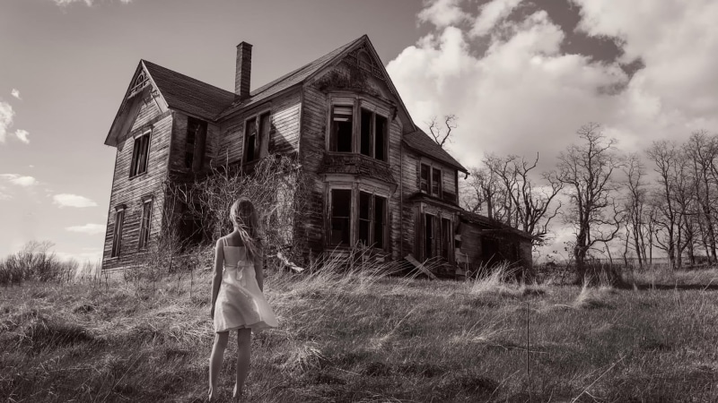 1080P, built structure, wood house, tree, table, day, sky, black, children, building, hairstyle, land, wooden, abandoned, plant, full length, women, rectangular