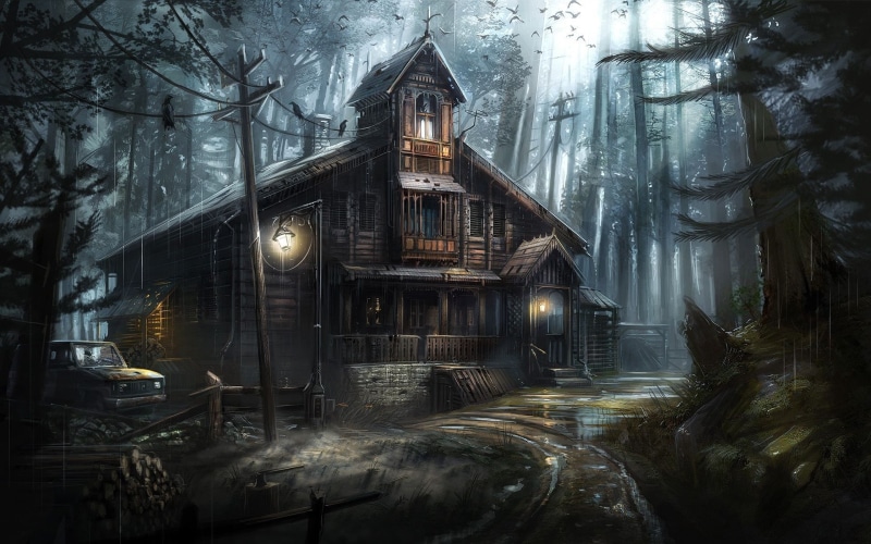 plant, horror, building, tree, dark forest, the past, illuminated, building exterior, built structure, water, 1080P, haunted house, religion, snowing