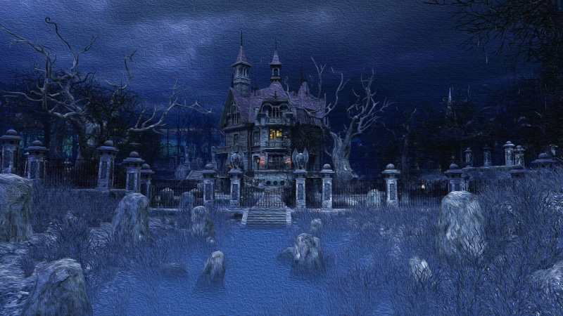 landscape, castle, ghost castle, darkness, cemetery, haunted, halloween, the past, 4K, outdoors, history, nature, scary, painting art, belief, night, water
