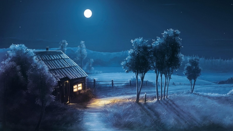 trees, house, 1080P, night, moon, nature