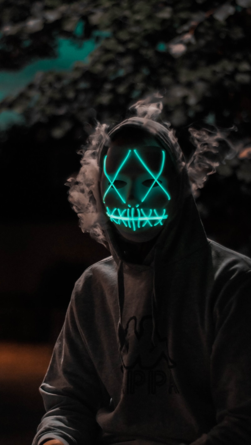 human, standing, leisure activity, surreal, illuminated, 4K, real people, men, hooded shirt, smoke - physical structure, halloween, face, head, eyes, young men