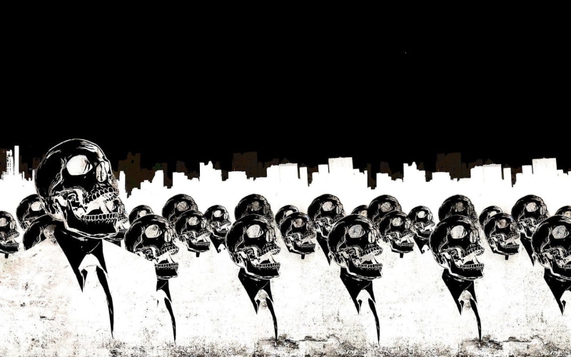 monochrome, white, military, field, group of people, architecture, 720P, skull, helmet, in a row, men, day, death, skeleton, security, minimalism, side by side