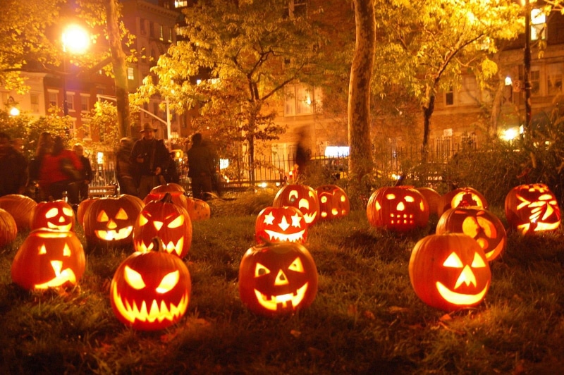 Halloween, 720P, jack, craft, pumpkin, night, lot, face, lights, glowing, tree, decor, illuminated, celebration, creativity, outdoors, city, o, jack o lantern