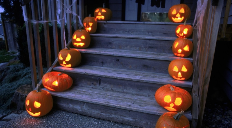 decors, 1080P, holiday, porch, jack, o, halloween, lantern, stairs, pumpkin